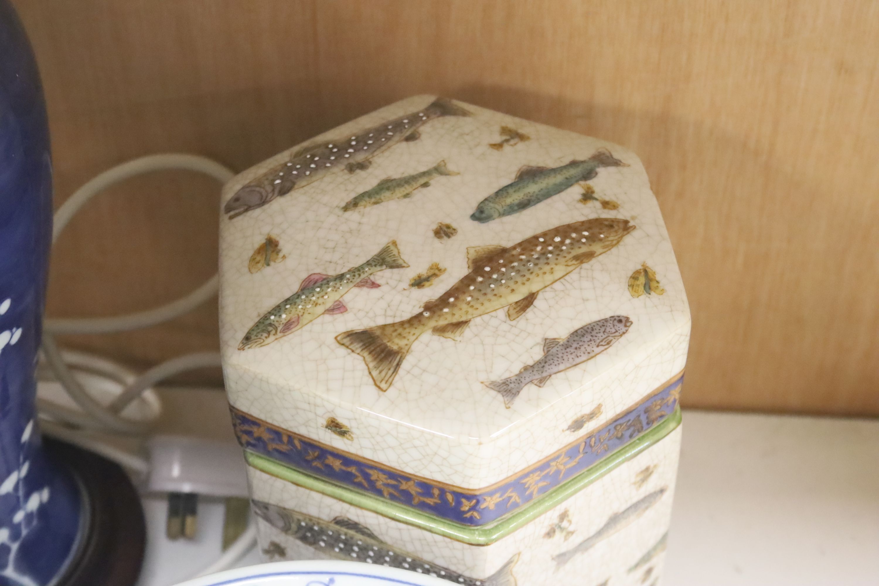 Two Chinese porcelain blue and white lamps, a similar jardinière, two bowls and covers and a hexagonal box and cover